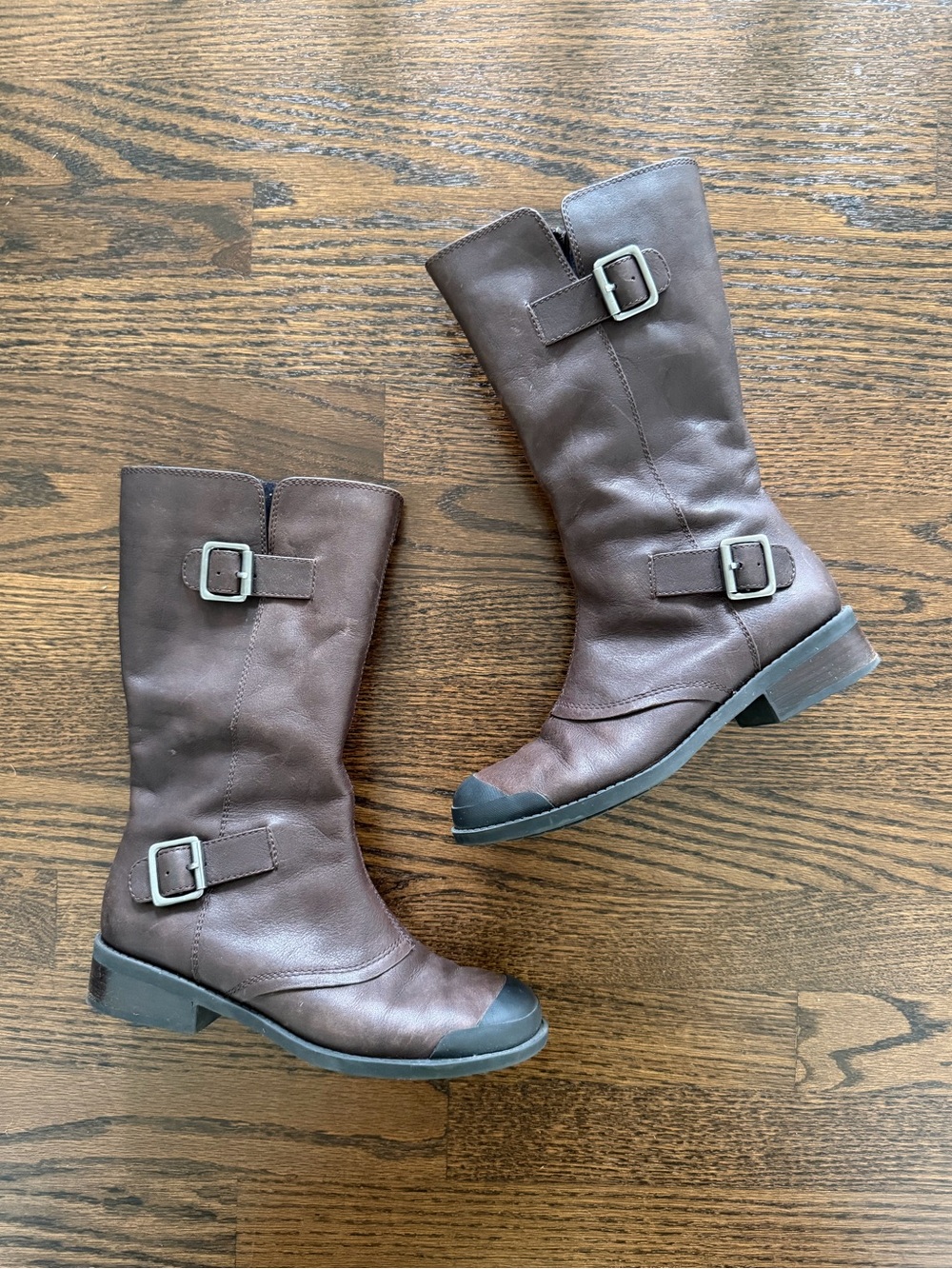 Brown Mid-Calf Leather Buckle Boots - Women